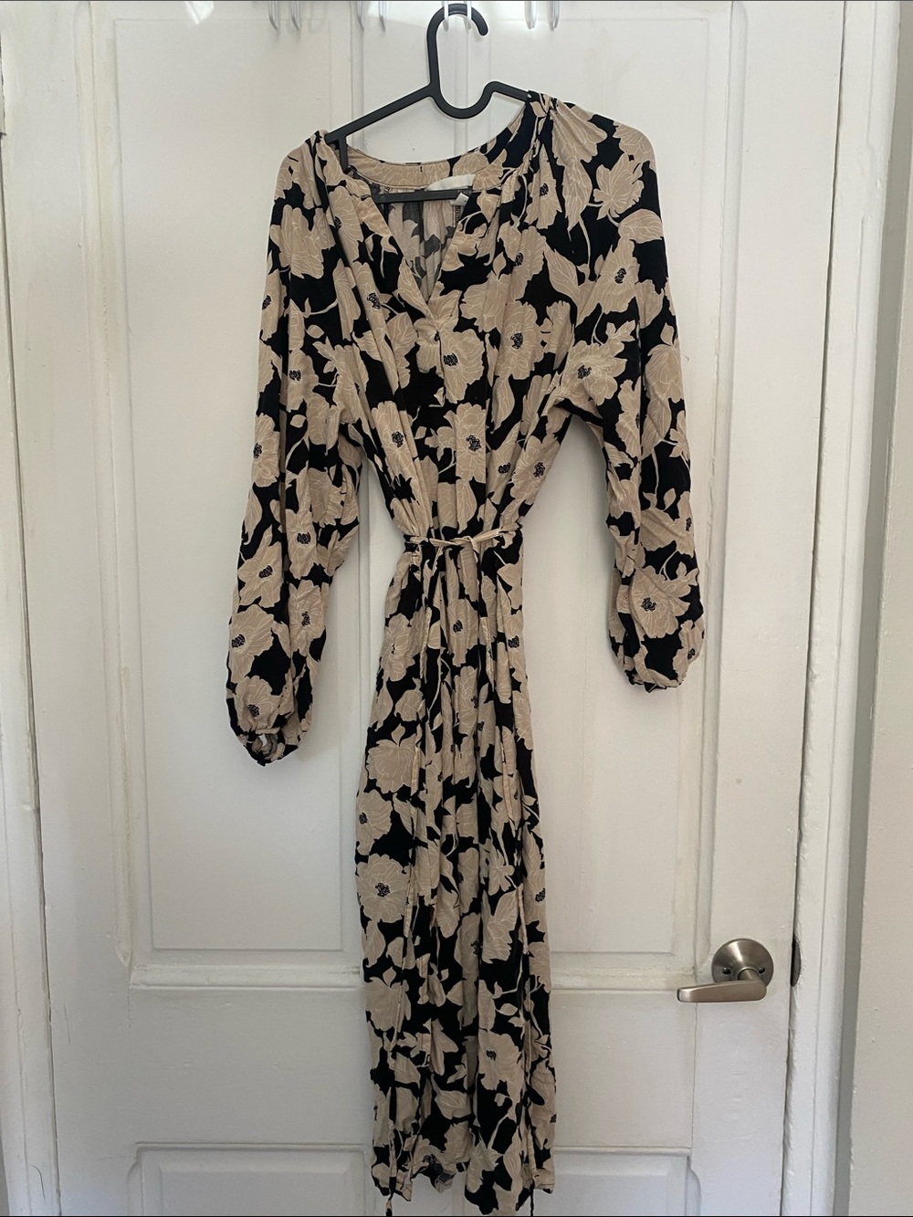 H&M Black Maxi Dress with Cream Floral Print and Tie Waist